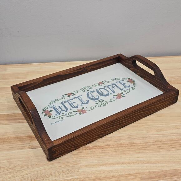 Cross Stitch "Welcome" Handmade Wooden Serving Tray 16x11 Shabby Cottagecore - Picture 7 of 13